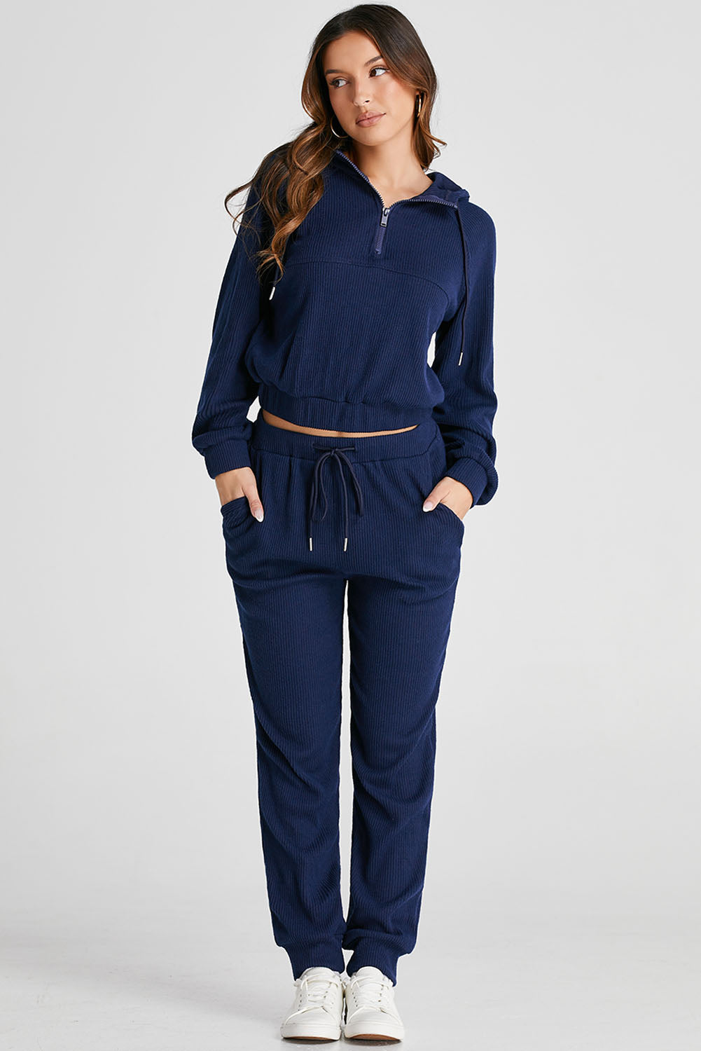Ribbed Knit Cropped Hoodie and Drawstring Joggers