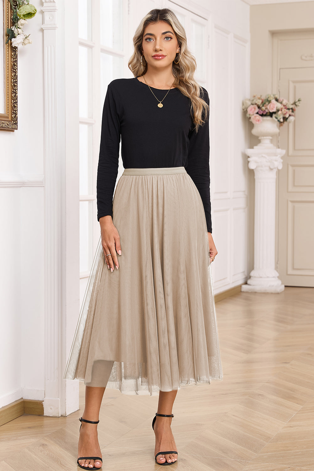 Tulle Mesh Overlay Flared Midi Skirt