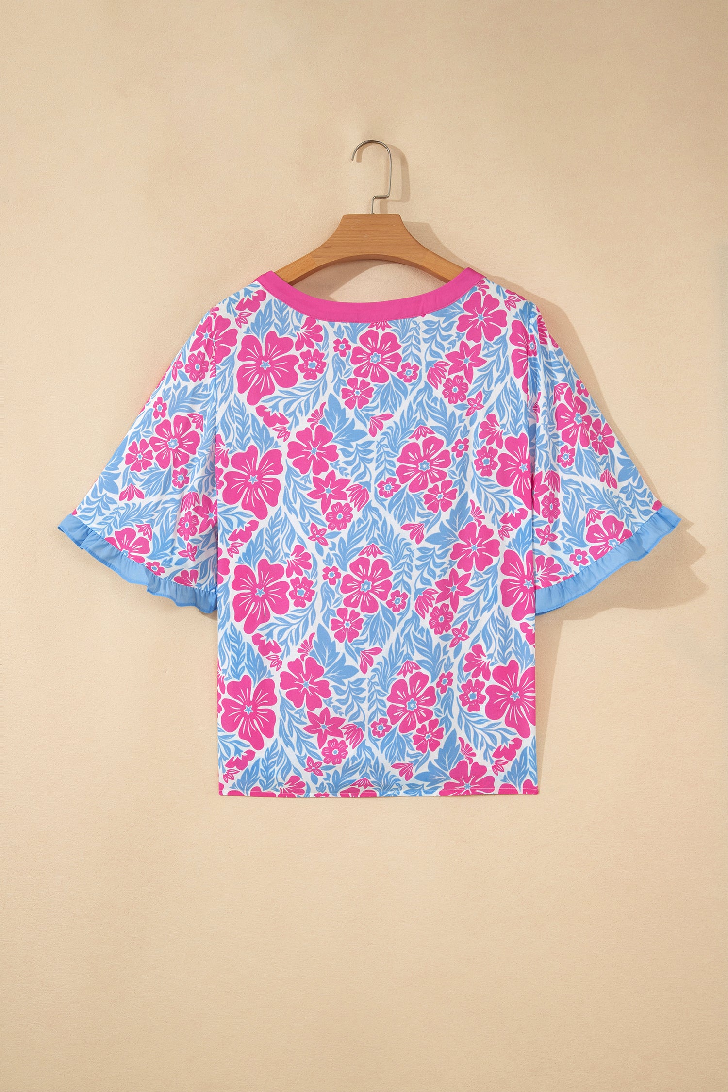 Floral Print Ruffled Color Block Trim Half Sleeve Blouse