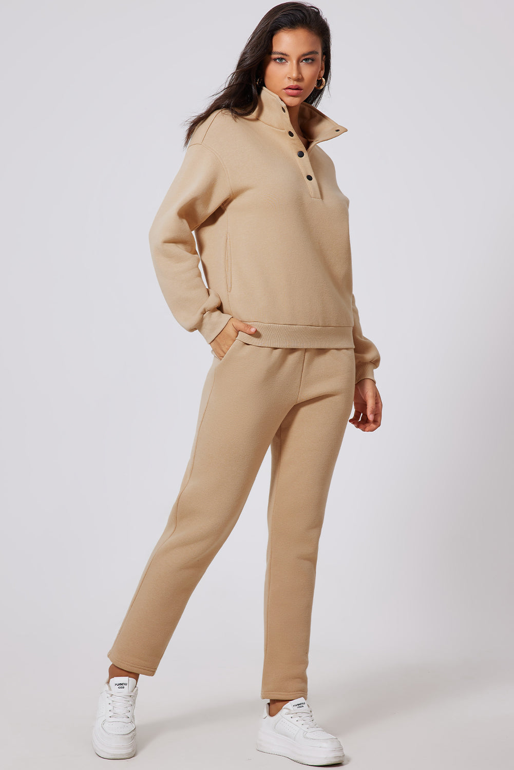 Parchment Solid Half Button Sweatshirt and High Waist