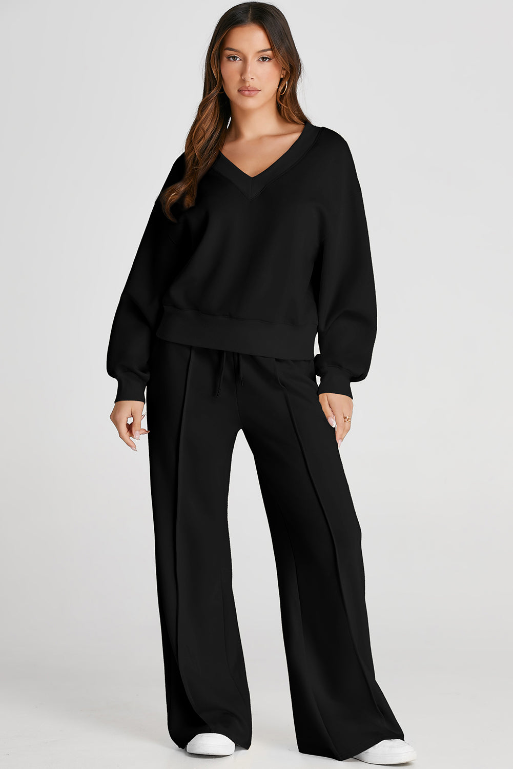 Black V Neck Cropped Seamed High Waist
