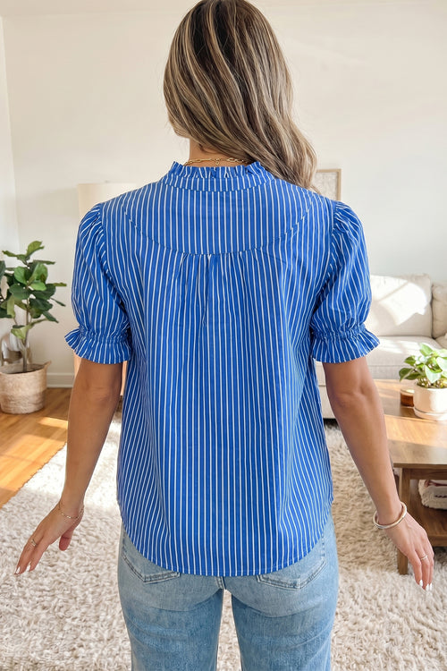 Blue Stripe Ruffled Short Puff Sleeve Button Front Blouse