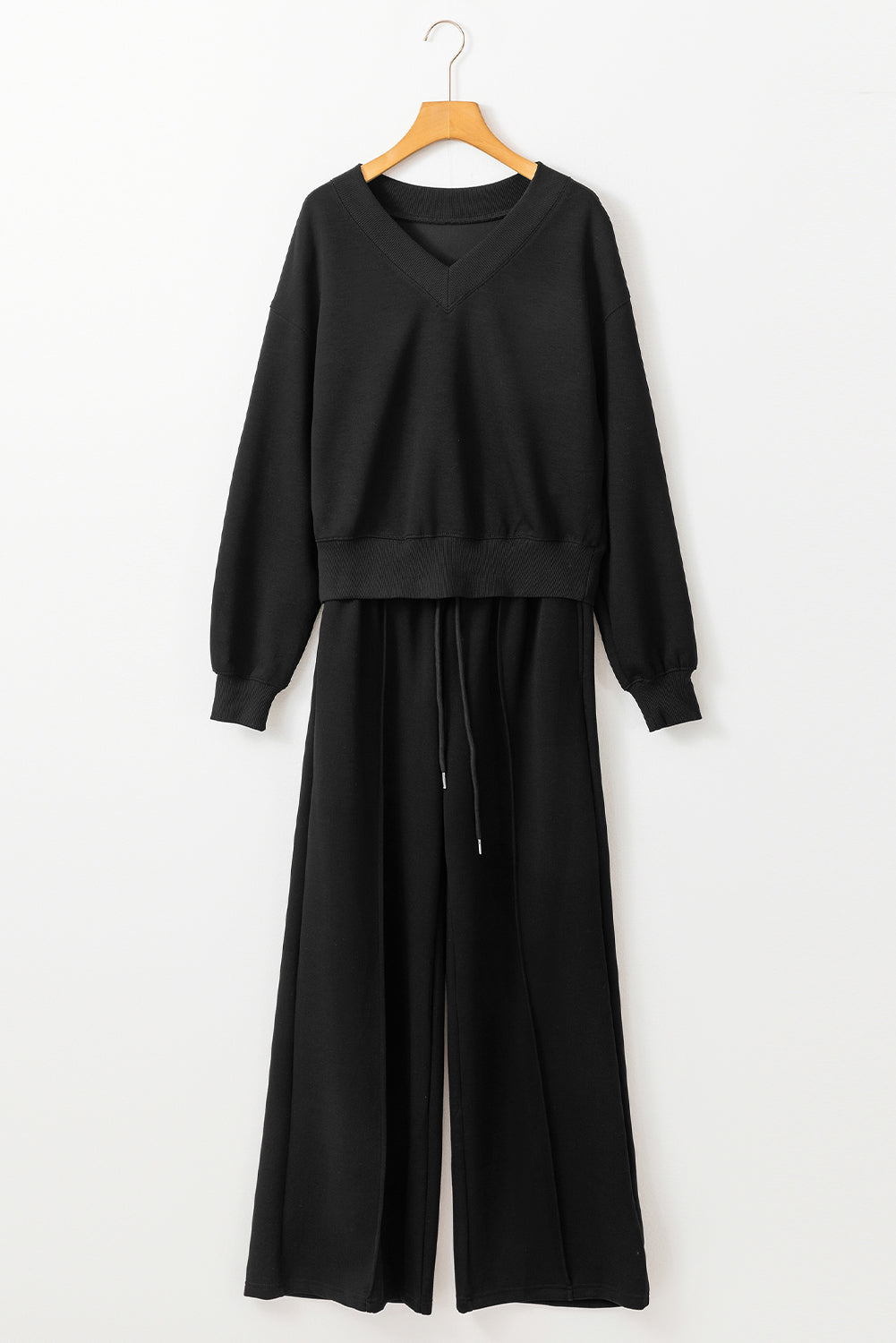 Black V Neck Cropped Seamed High Waist