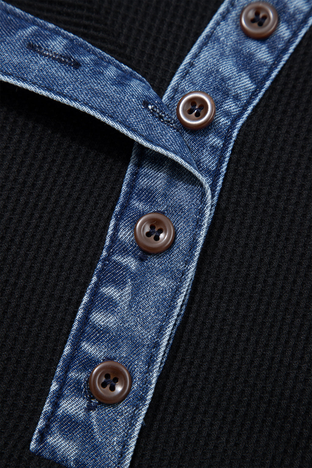 Knit Denim Contrast Trim Patchwork Button Polo Collar Top