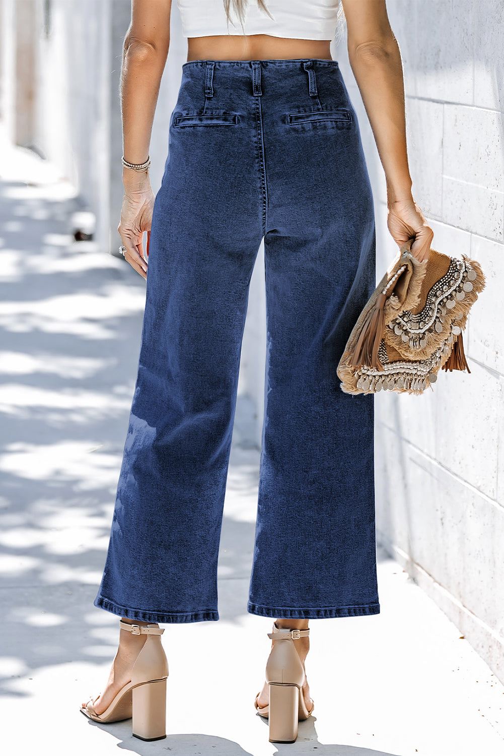 Blue High Waist Button Front Wide Leg Cropped Jeans