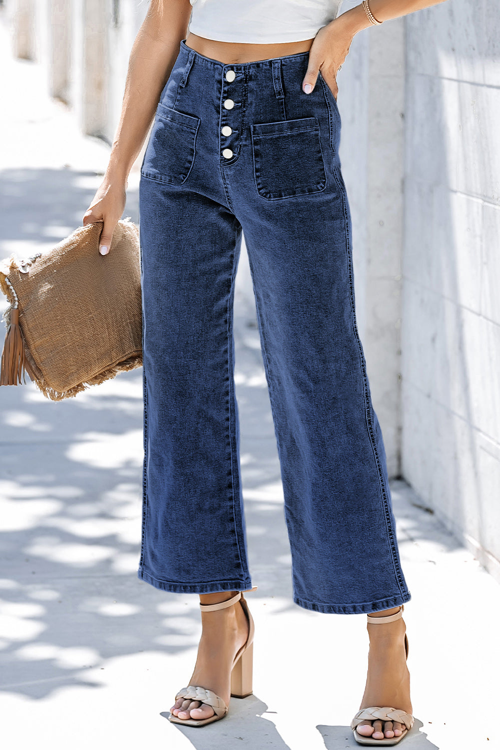 Blue High Waist Button Front Wide Leg Cropped Jeans