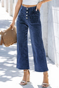 Blue High Waist Button Front Wide Leg Cropped Jeans
