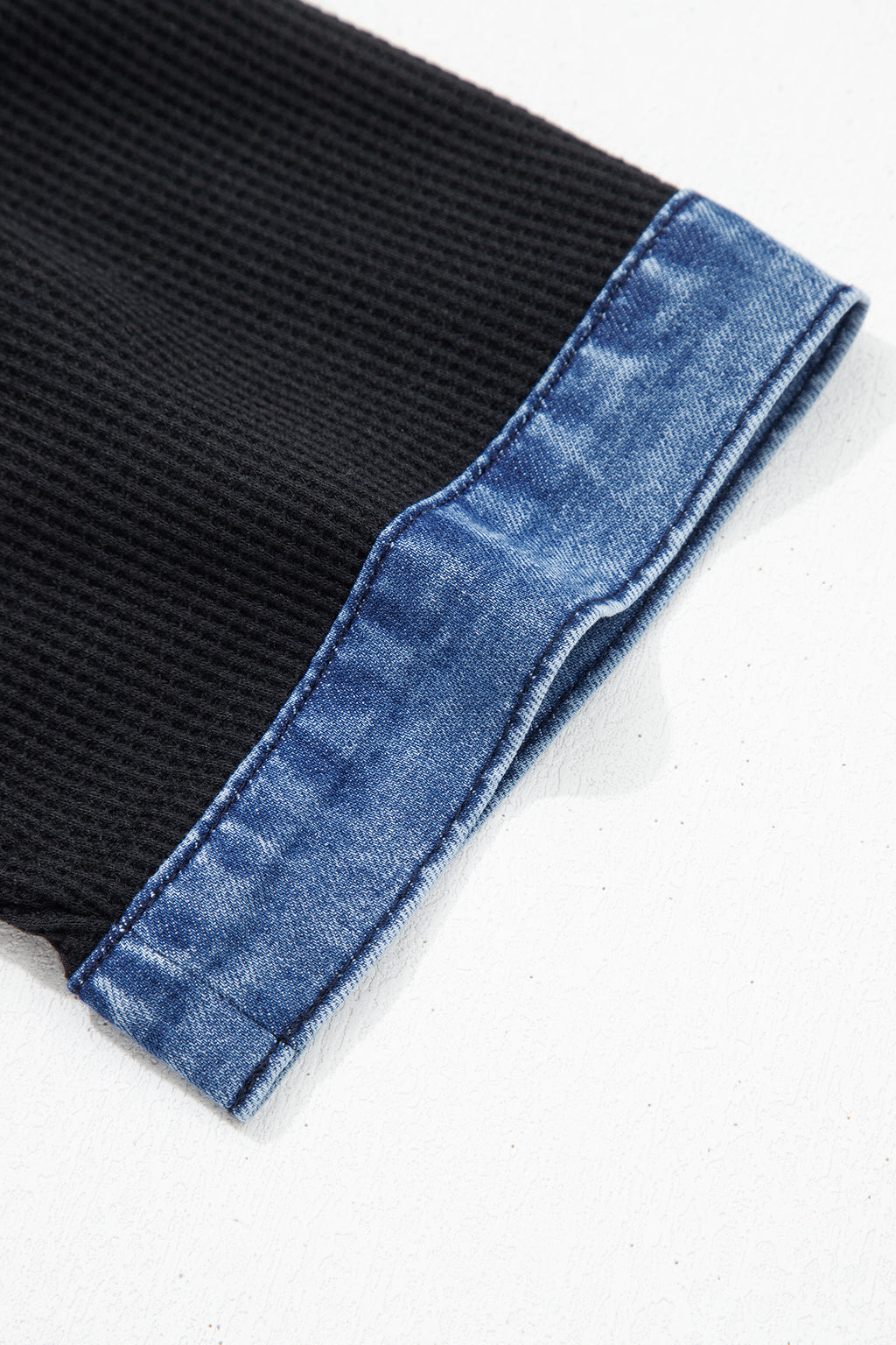 Knit Denim Contrast Trim Patchwork Button Polo Collar Top