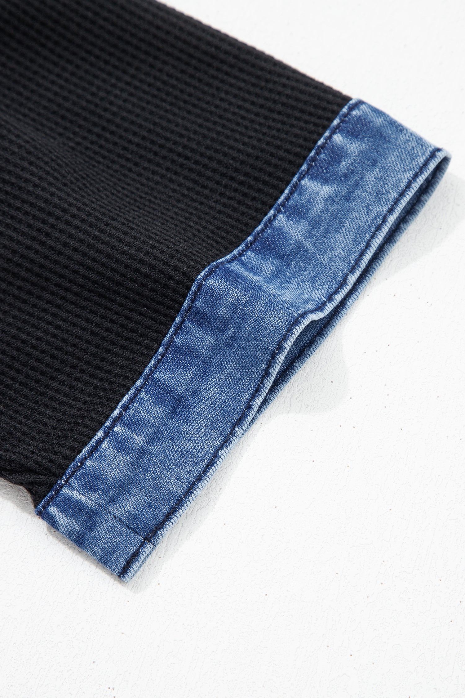 Knit Denim Contrast Trim Patchwork Button Polo Collar Top