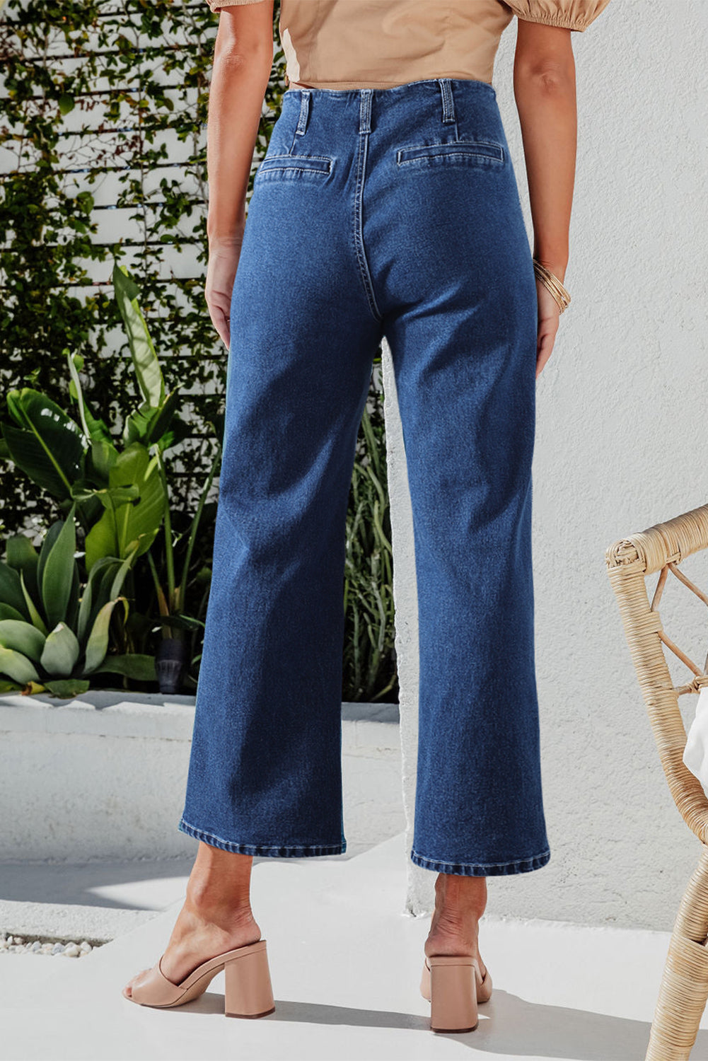 Blue High Waist Button Front Wide Leg Cropped Jeans