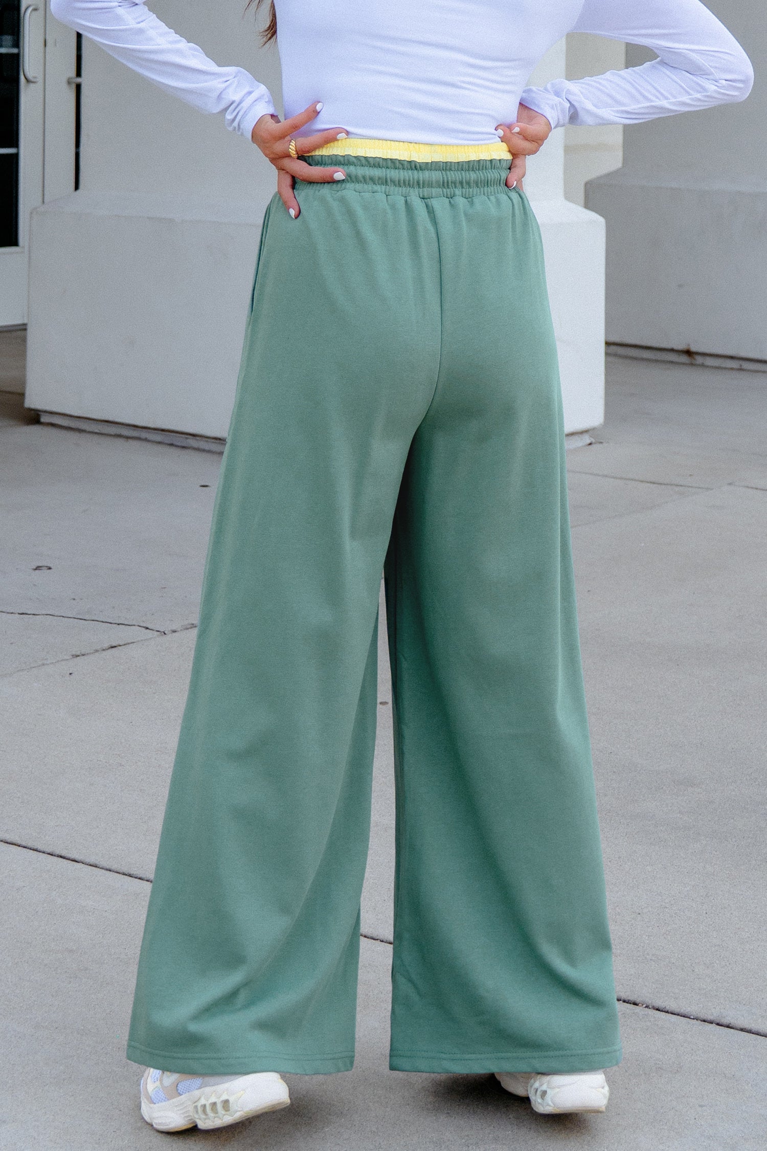 Sea Green Color Block Flower Patchwork Drawstring Contrasted Elastic Waist Wide Leg Pants