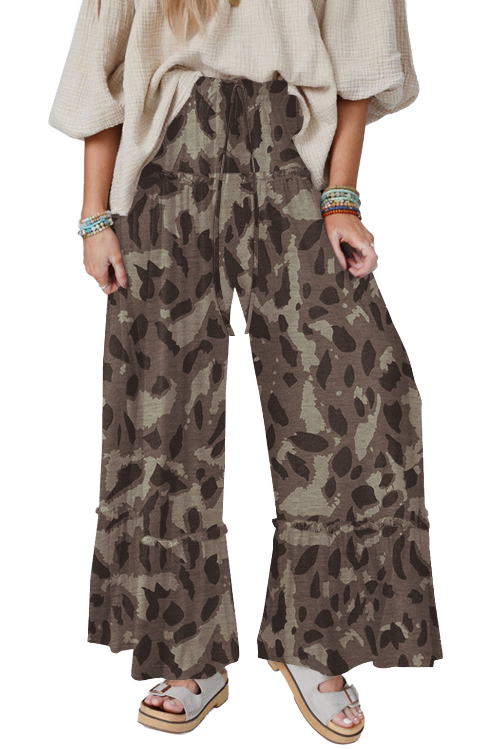 Beige Camo Print Wide Leg Casual Pants