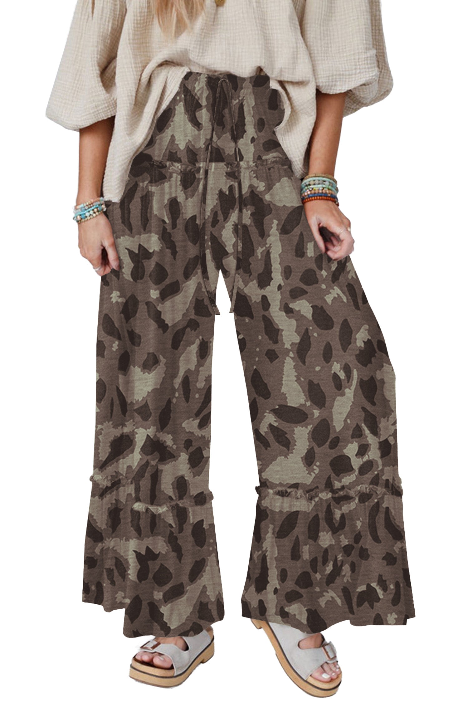 Beige Camo Print Wide Leg Casual Pants