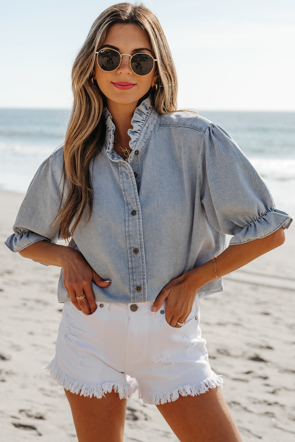 Ruffle Short Puff Sleeve Summer Chambray Shirt