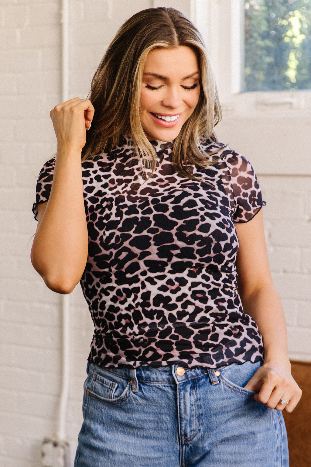 Khaki Leopard Print Sheer Mesh Short Sleeve Top