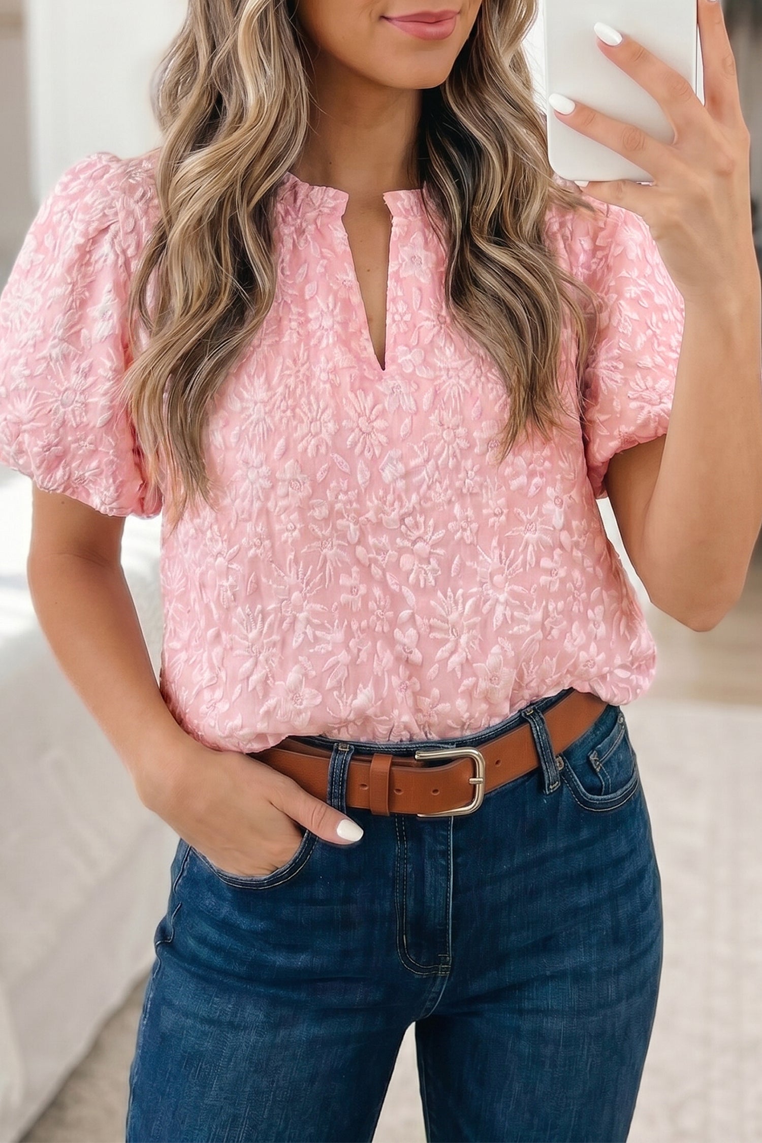 Iceland Blue Floral Textured Jacquard Puff Sleeve Blouse