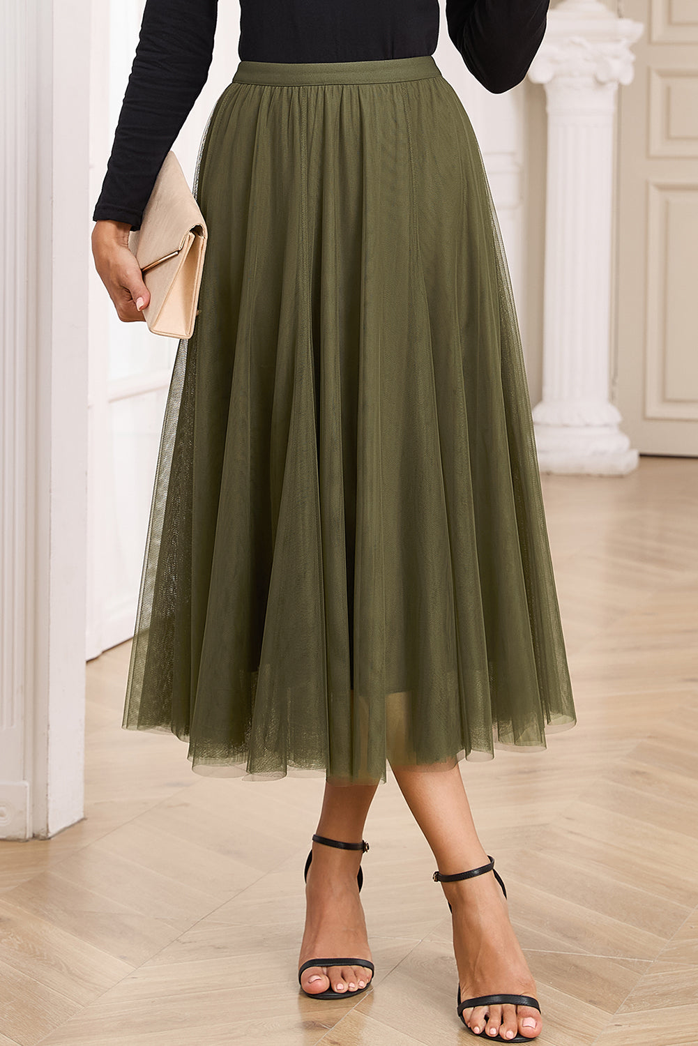 Tulle Mesh Overlay Flared Midi Skirt
