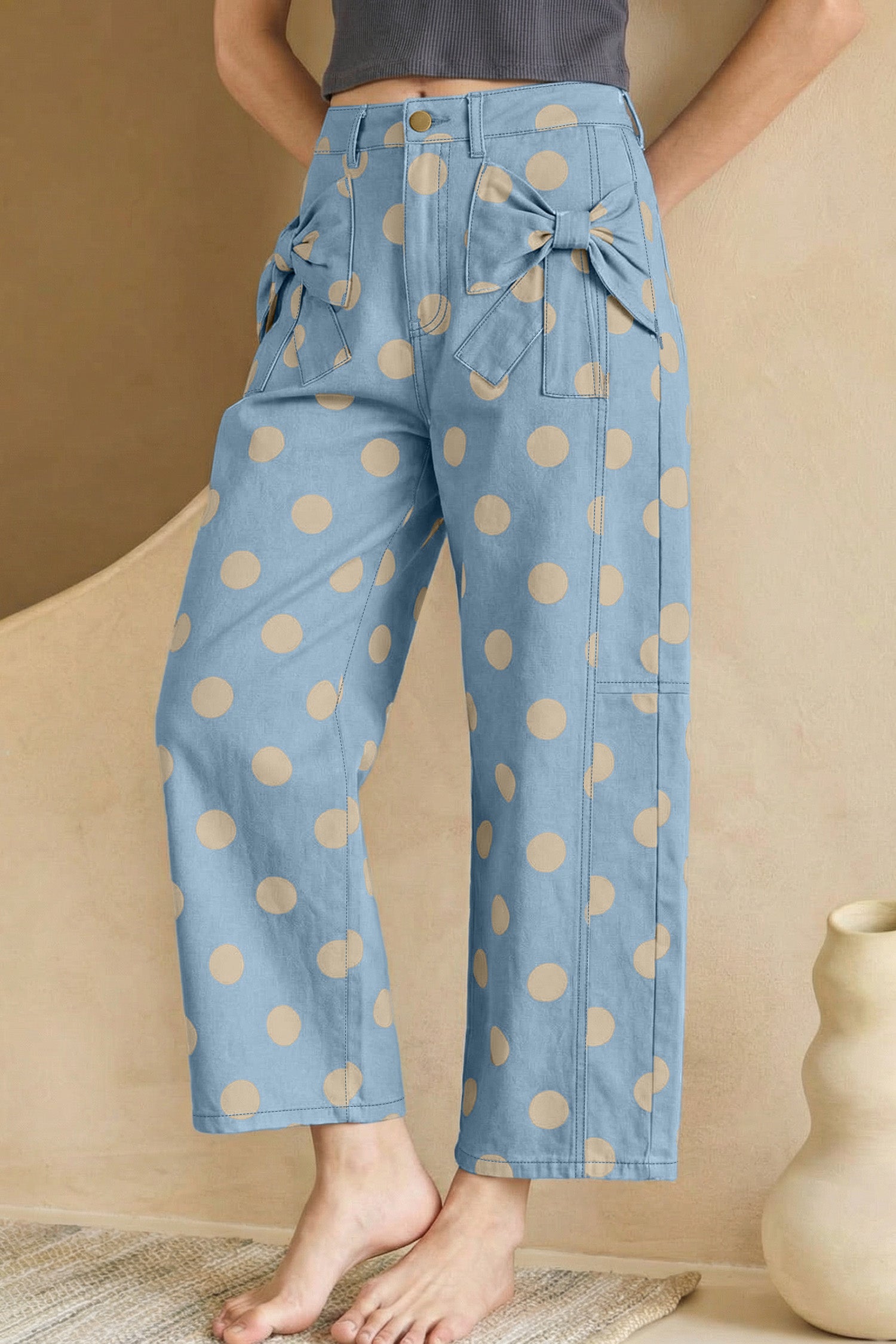 White Polka Dot Print Bow Detail Pocketed Jeans