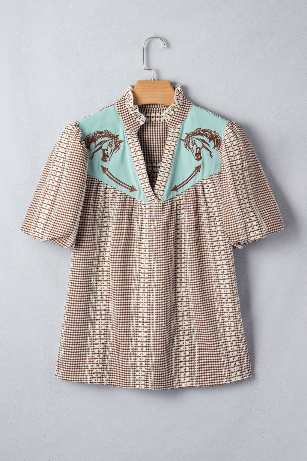 Western Pony Embroidered Yoke Puff Sleeve Gingham Blouse