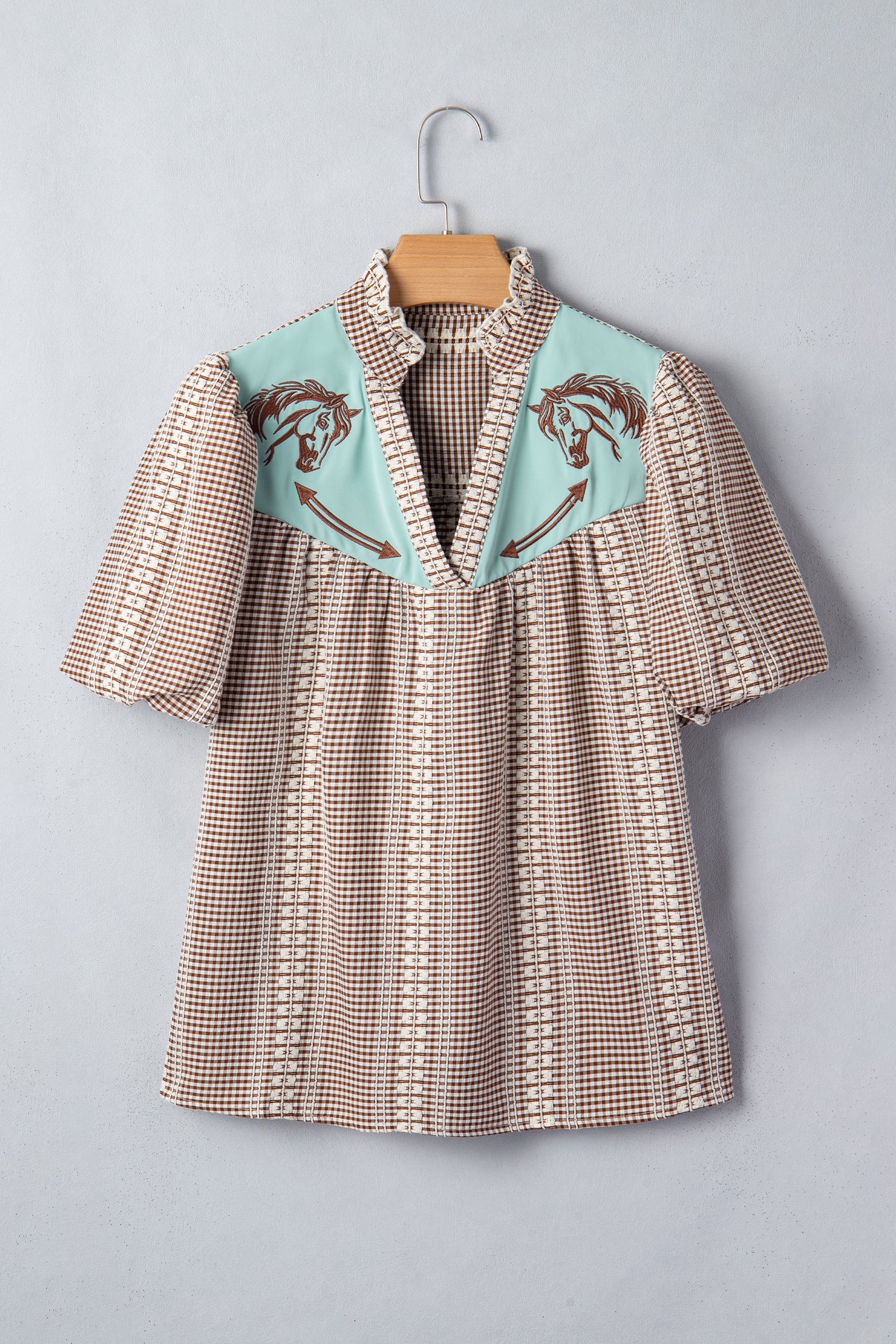 Western Pony Embroidered Yoke Puff Sleeve Gingham Blouse