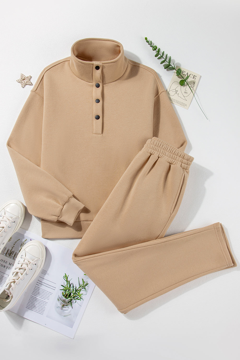 Parchment Solid Half Button Sweatshirt and High Waist