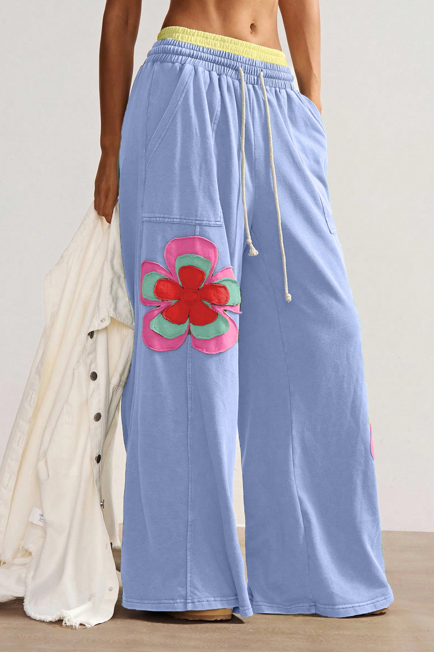Sea Green Color Block Flower Patchwork Drawstring Contrasted Elastic Waist Wide Leg Pants
