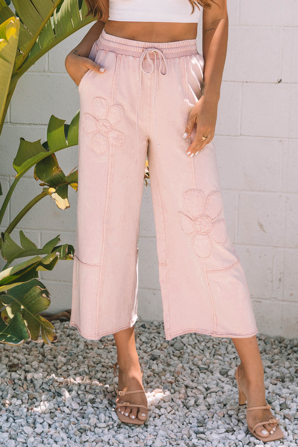 Washed Terry Knit Cropped Wide Leg Pants