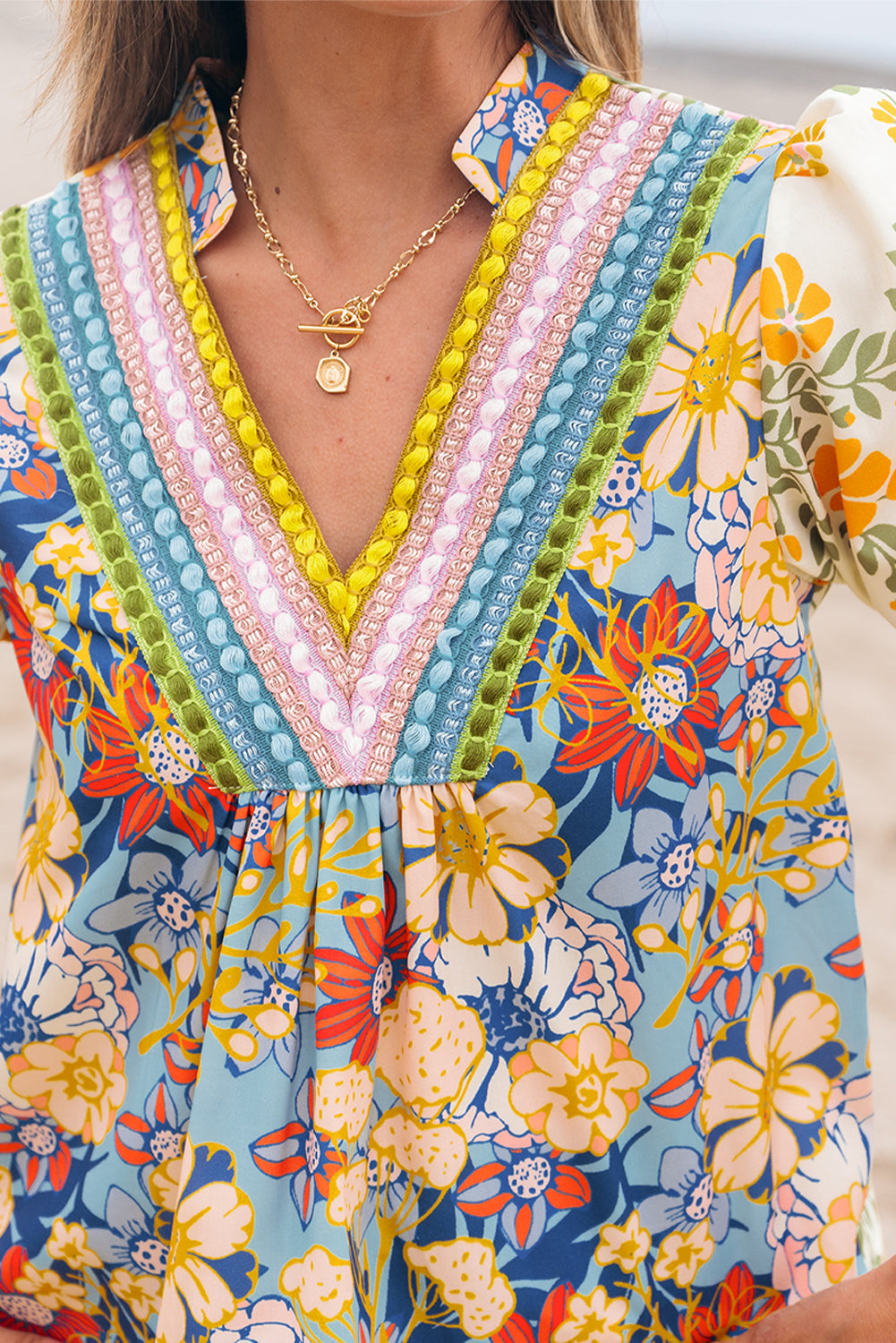 Crochet V Neck Half Sleeve Boho Floral Blouse