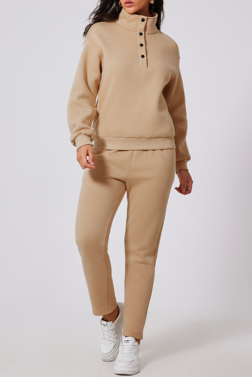 Parchment Solid Half Button Sweatshirt and High Waist