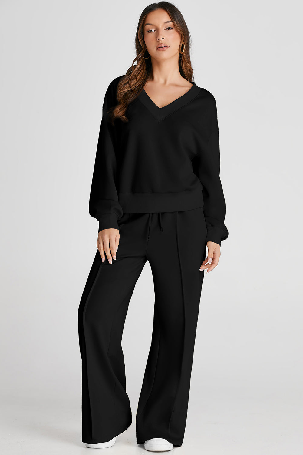 Black V Neck Cropped Seamed High Waist
