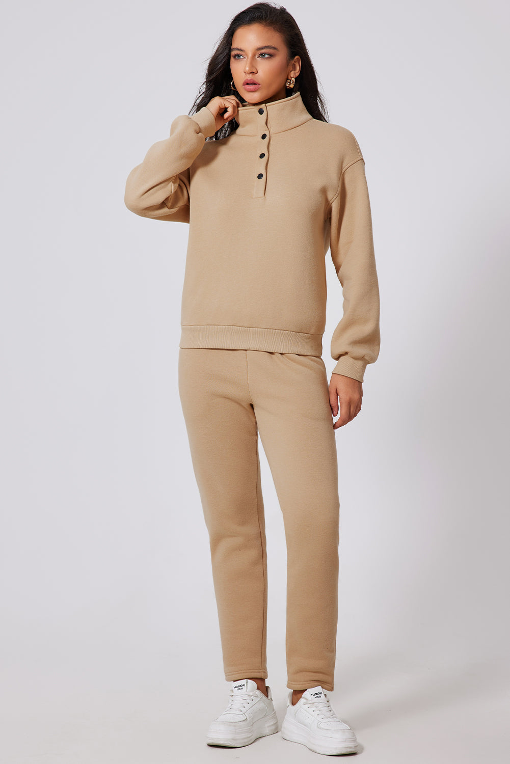 Parchment Solid Half Button Sweatshirt and High Waist