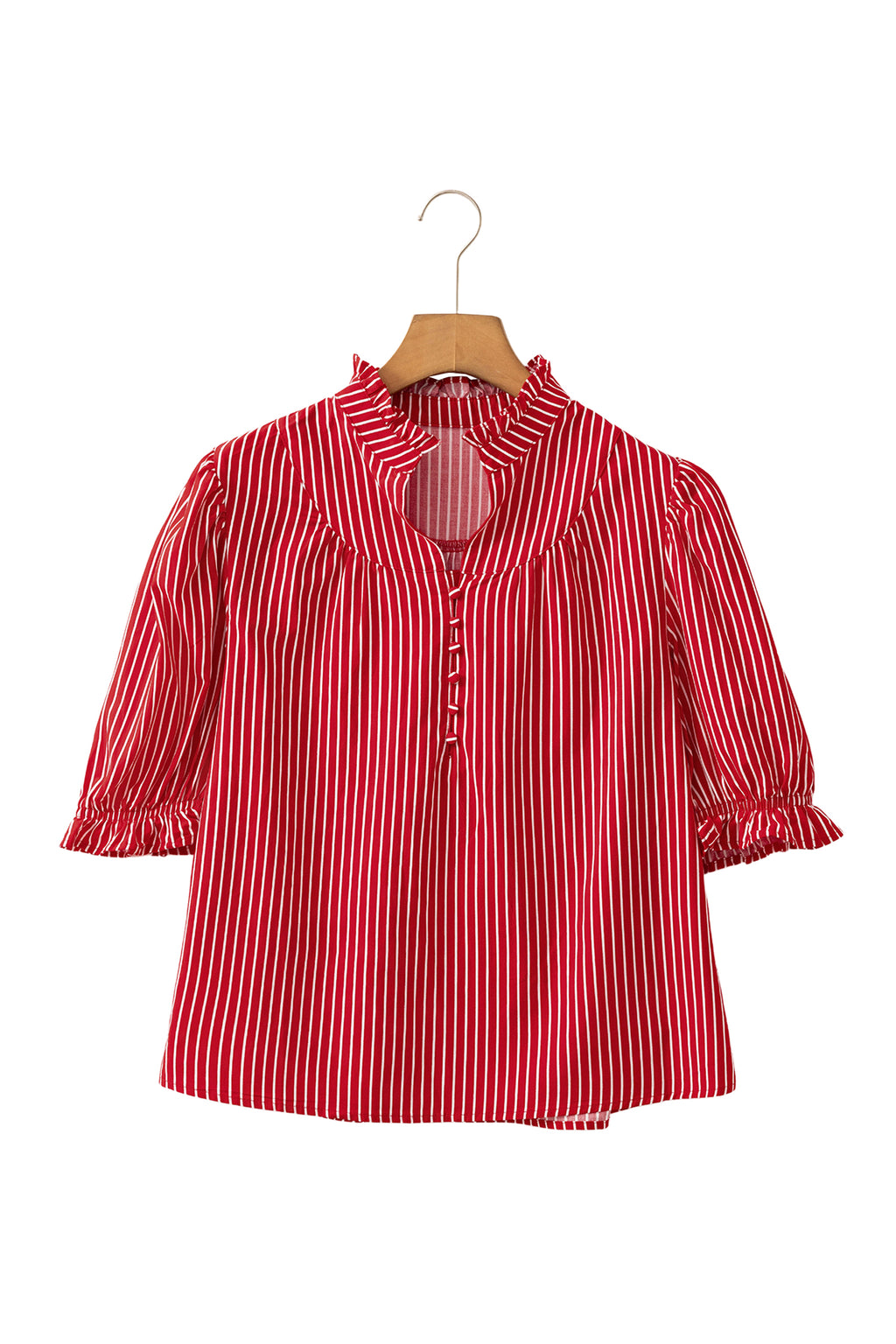 Blue Stripe Ruffled Short Puff Sleeve Button Front Blouse