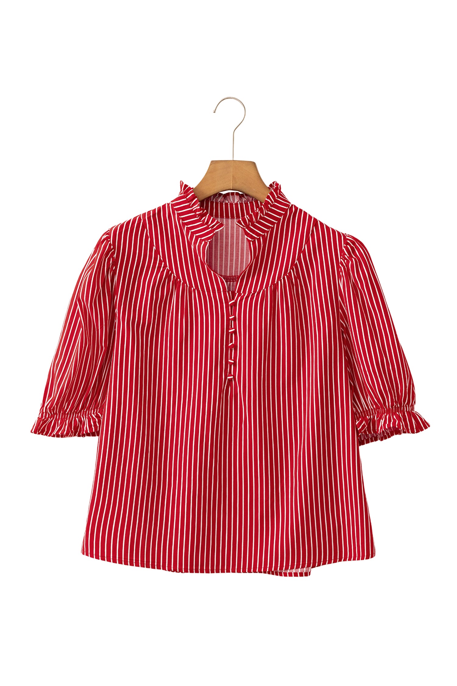 Blue Stripe Ruffled Short Puff Sleeve Button Front Blouse