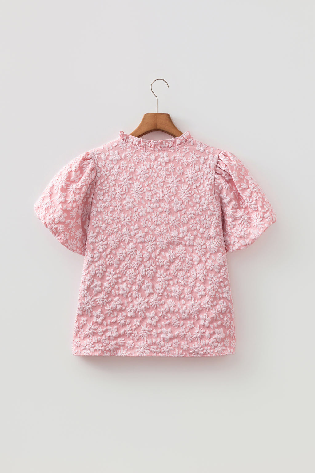 Iceland Blue Floral Textured Jacquard Puff Sleeve Blouse