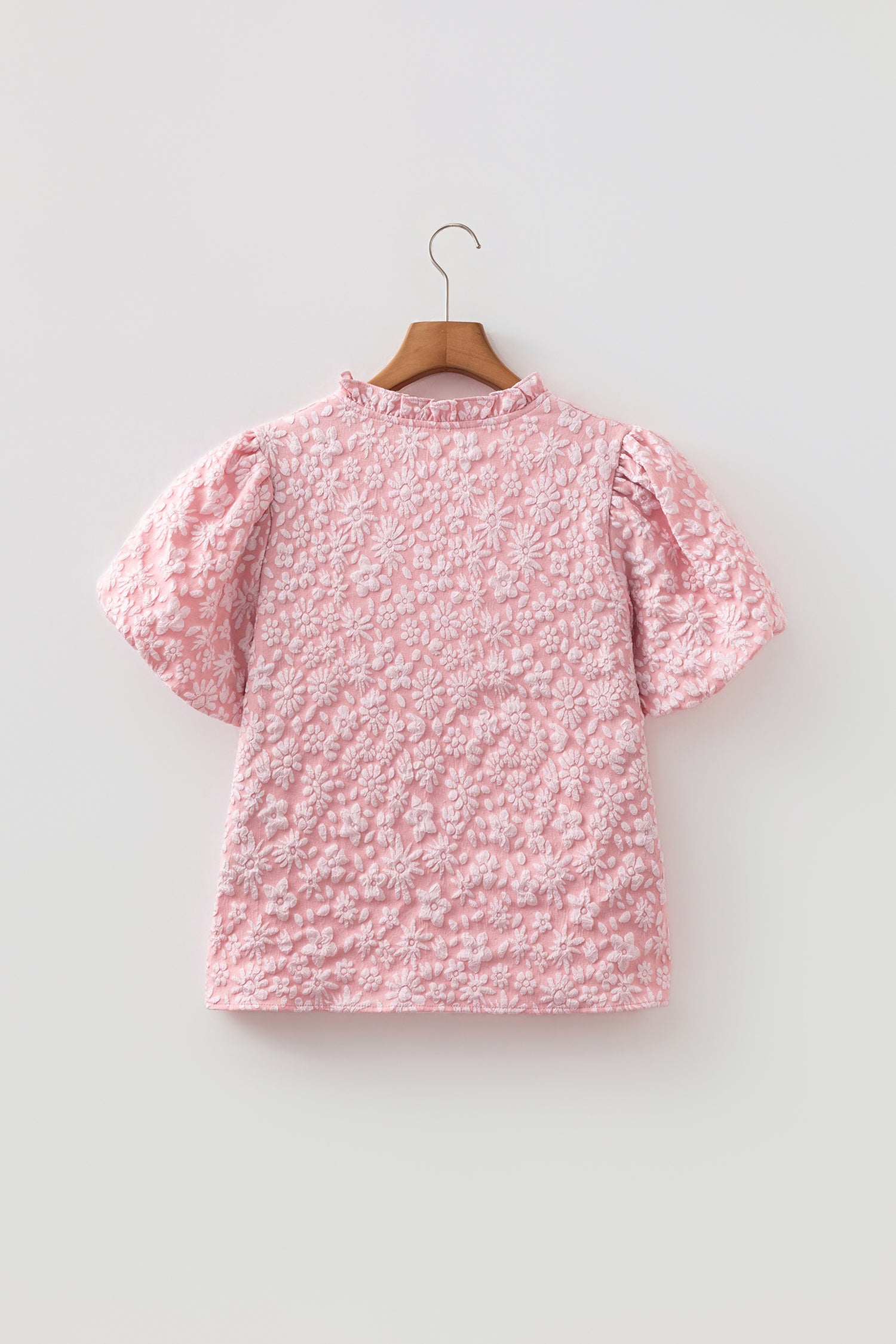 Iceland Blue Floral Textured Jacquard Puff Sleeve Blouse