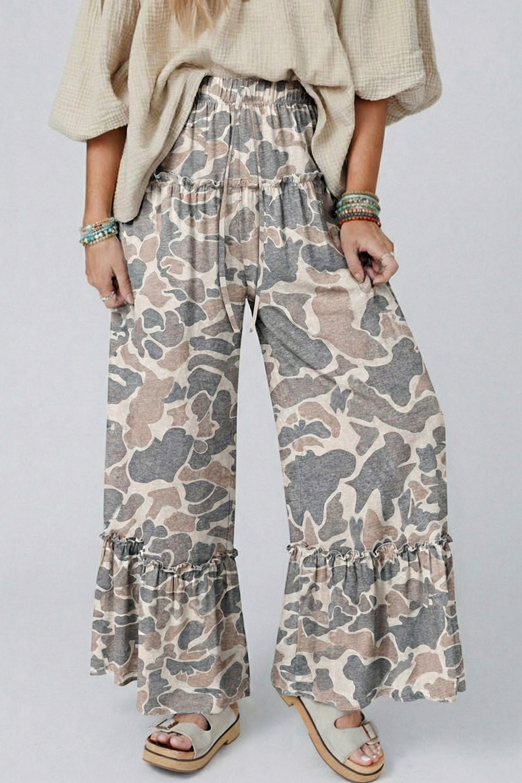 Beige Camo Print Wide Leg Casual Pants