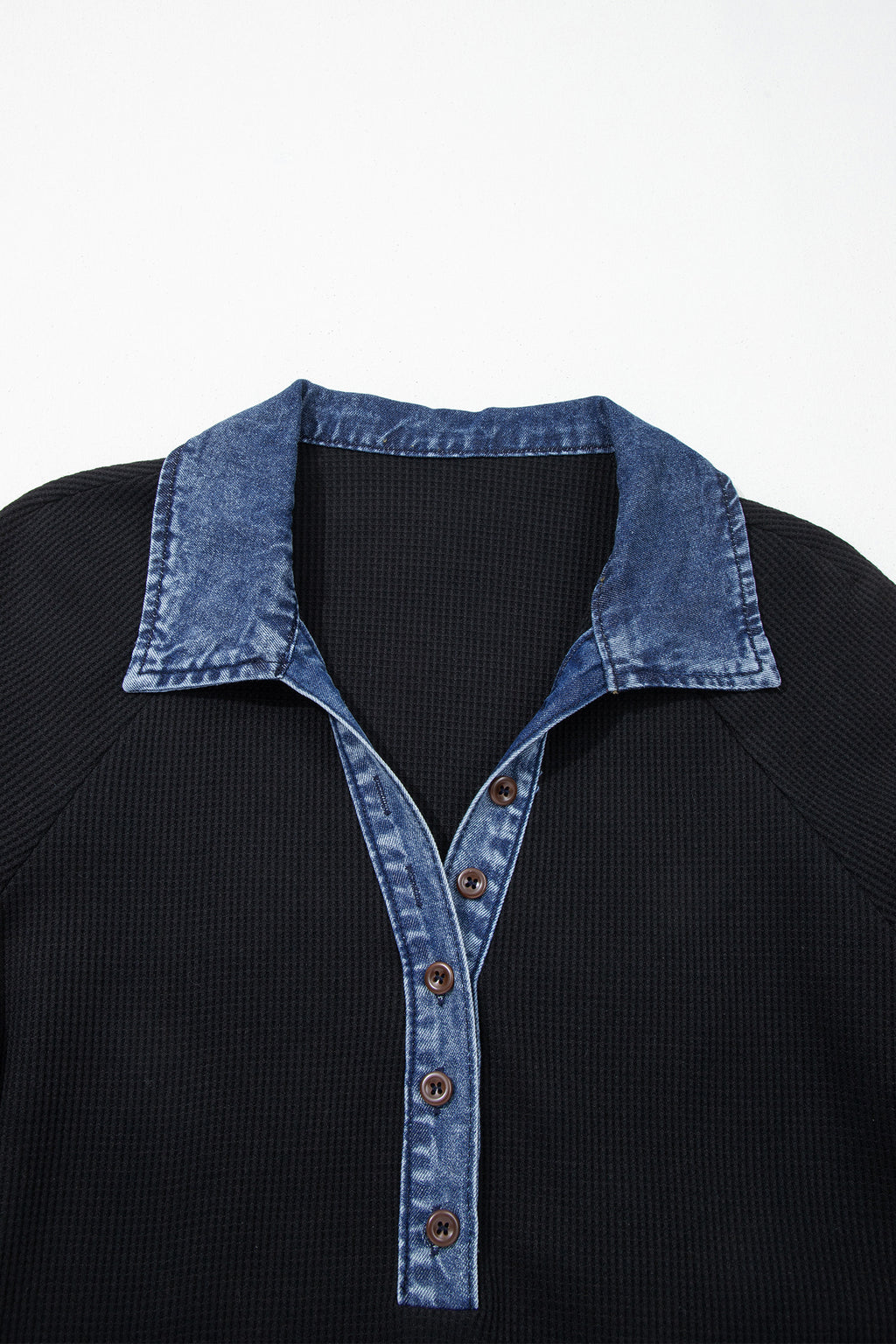 Knit Denim Contrast Trim Patchwork Button Polo Collar Top