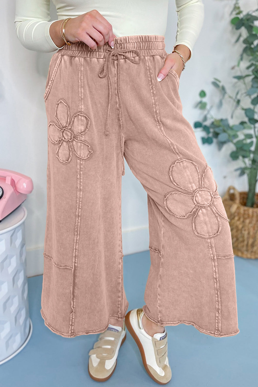 Washed Terry Knit Cropped Wide Leg Pants