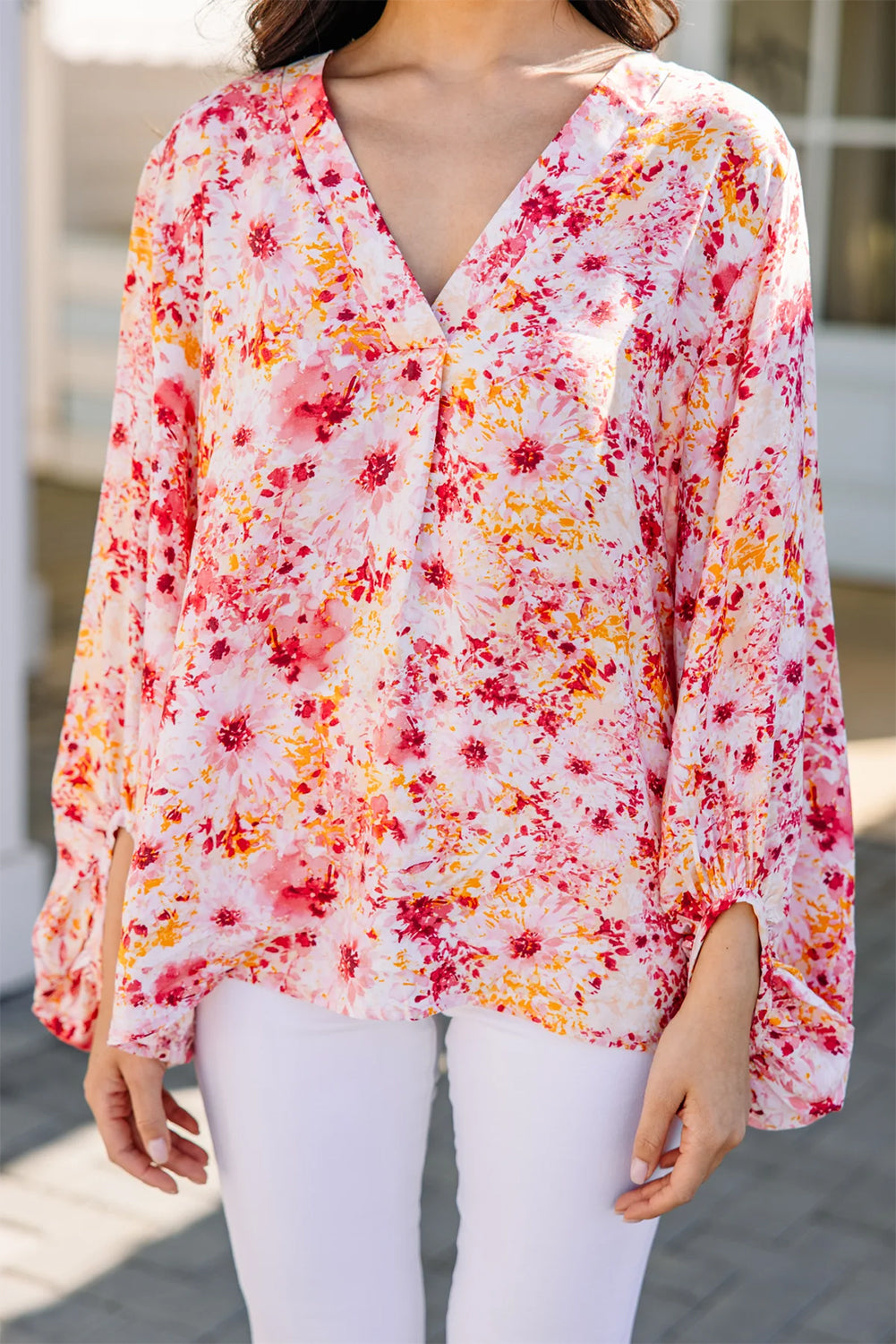 Floral Bubble Sleeve V Neck Blouse
