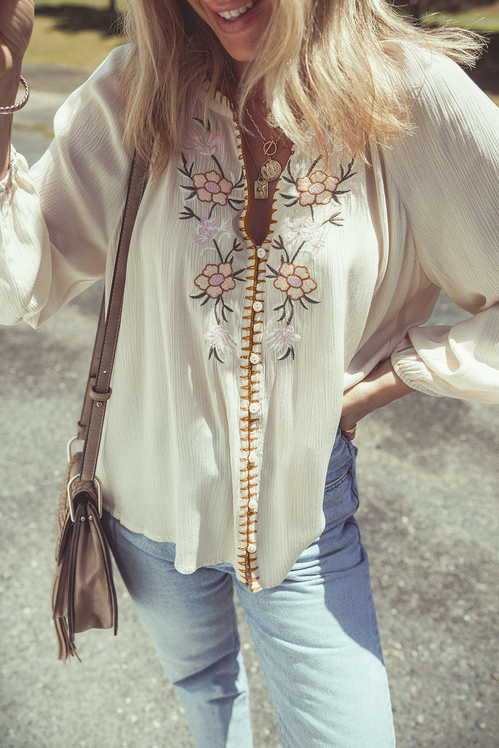 Floral Embroidered Textured Puff Sleeve Loose Shirt