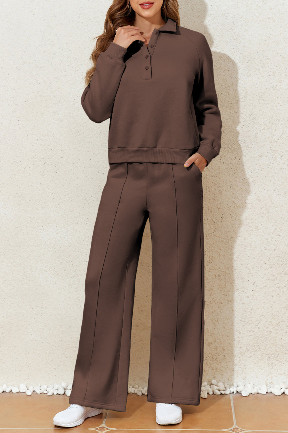 Solid Collared Sweatshirt and High Waist Pants