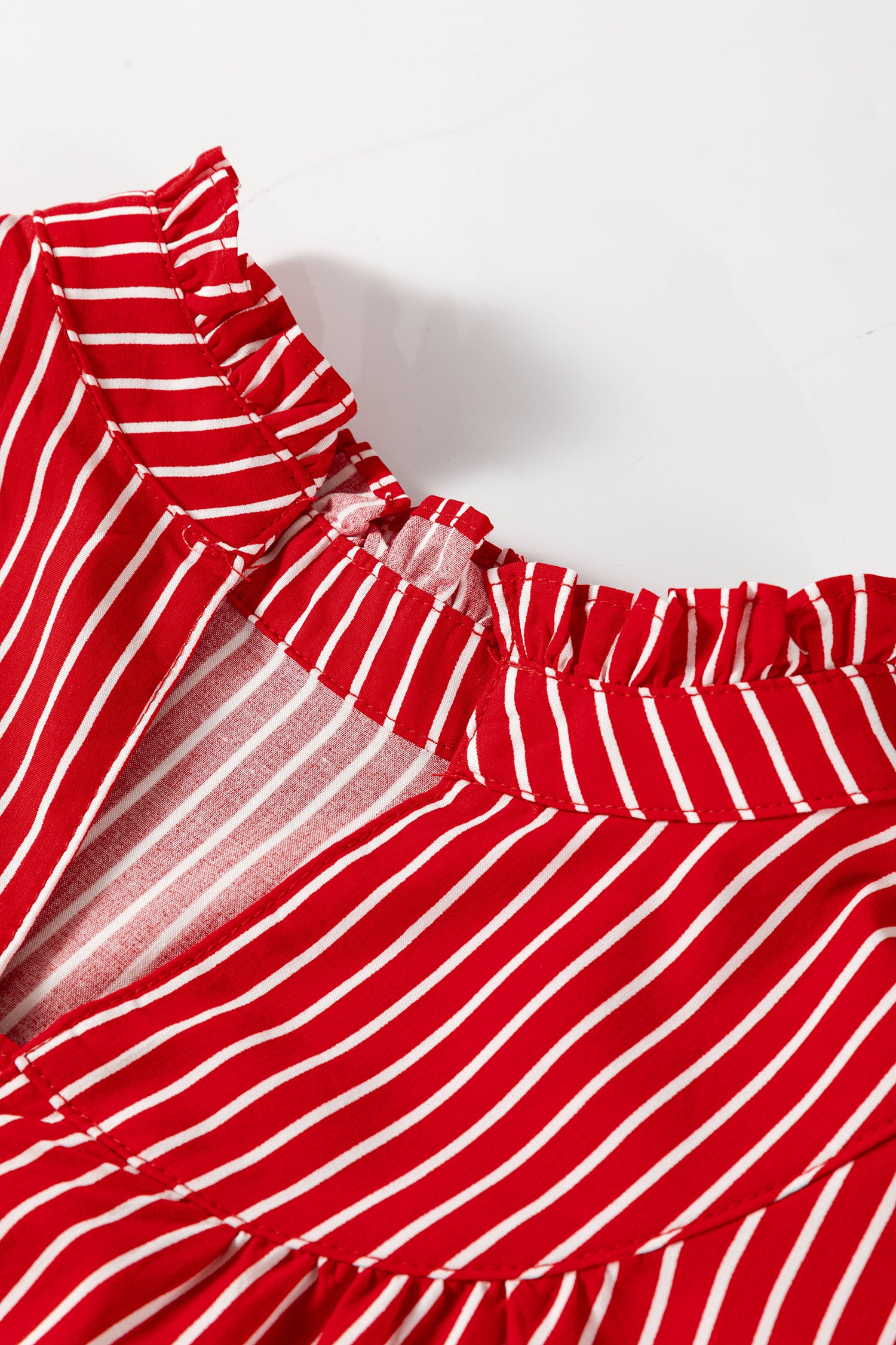 Blue Stripe Ruffled Short Puff Sleeve Button Front Blouse