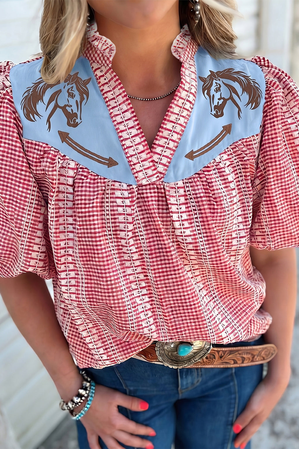 Western Pony Embroidered Yoke Puff Sleeve Gingham Blouse