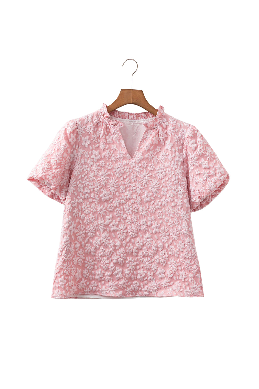 Iceland Blue Floral Textured Jacquard Puff Sleeve Blouse