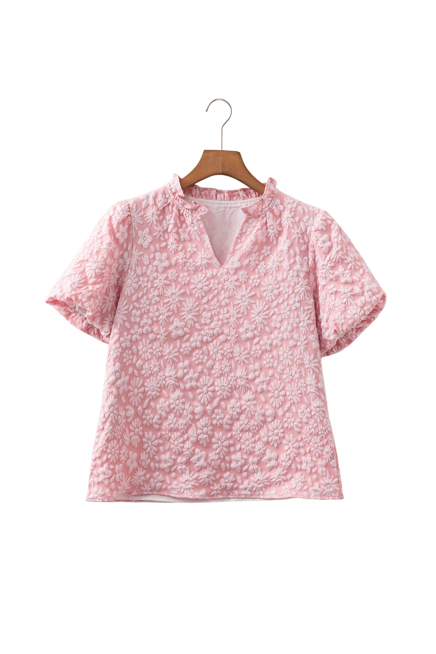 Iceland Blue Floral Textured Jacquard Puff Sleeve Blouse
