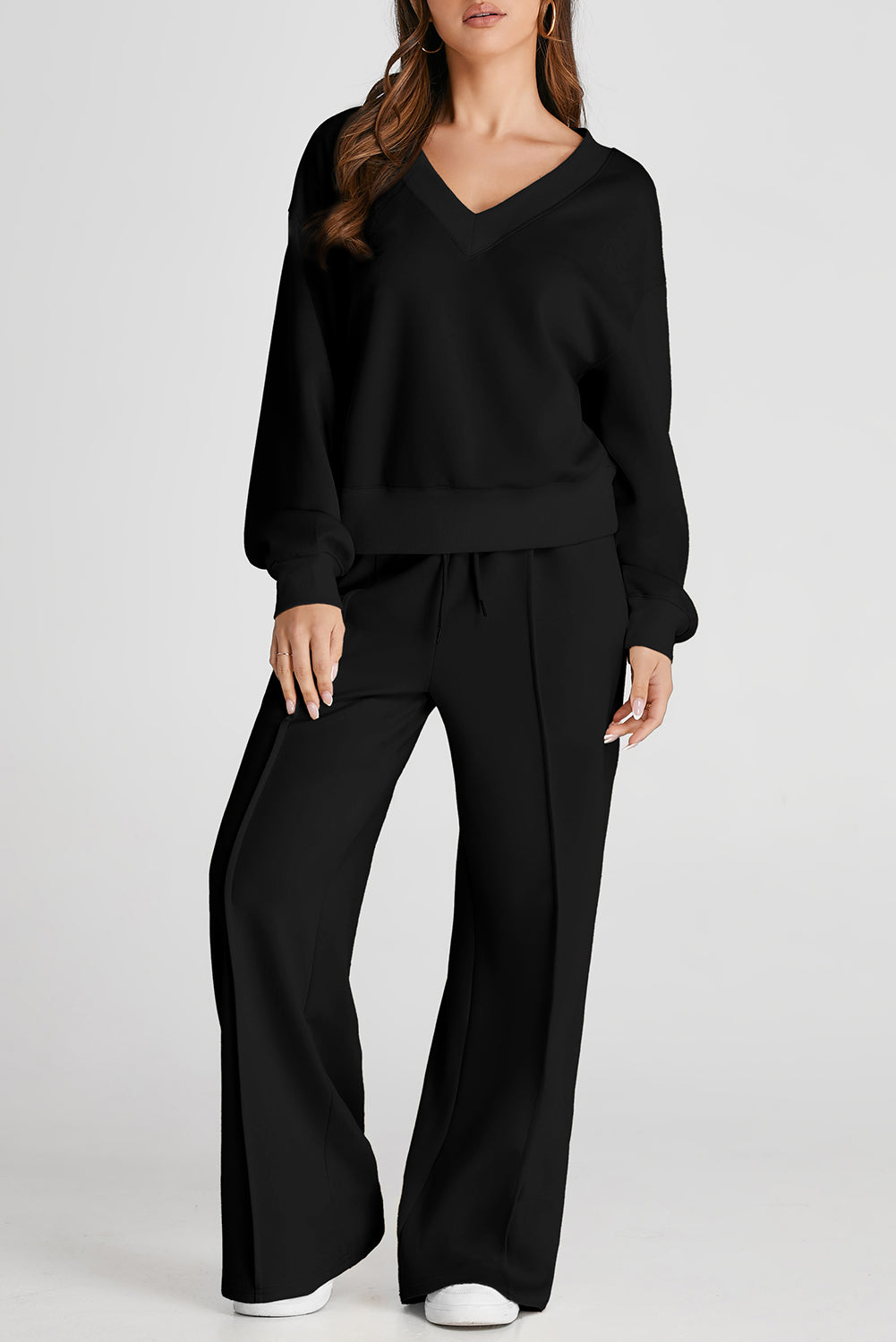 Black V Neck Cropped Seamed High Waist