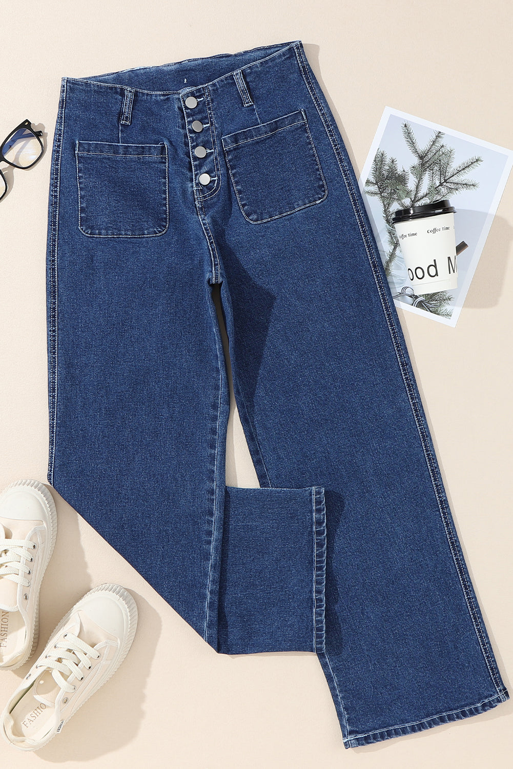 Blue High Waist Button Front Wide Leg Cropped Jeans