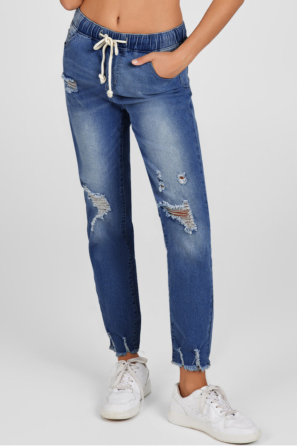 Elastic Waist Straight Leg Destroyed Raw Hem Jeans