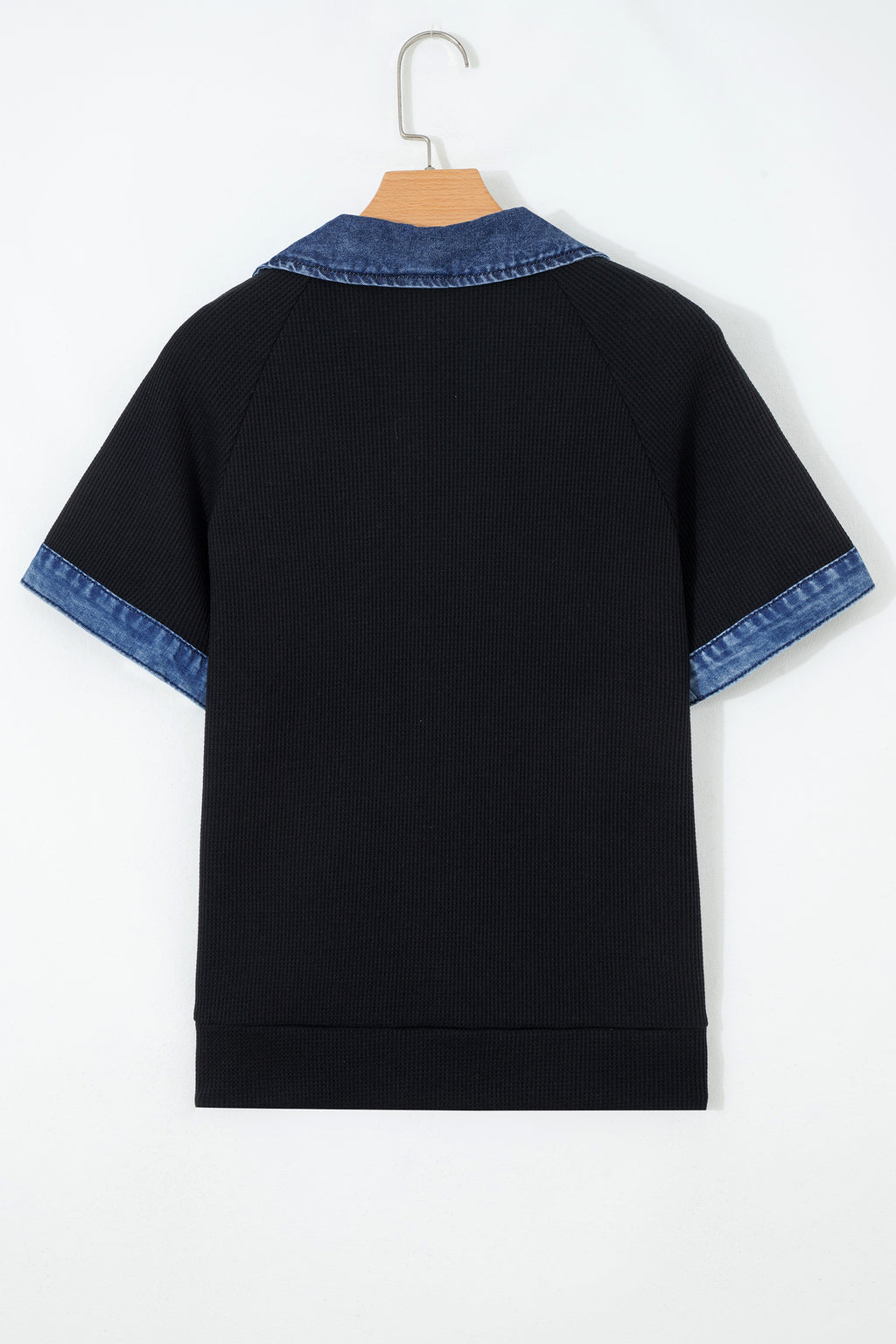 Knit Denim Contrast Trim Patchwork Button Polo Collar Top