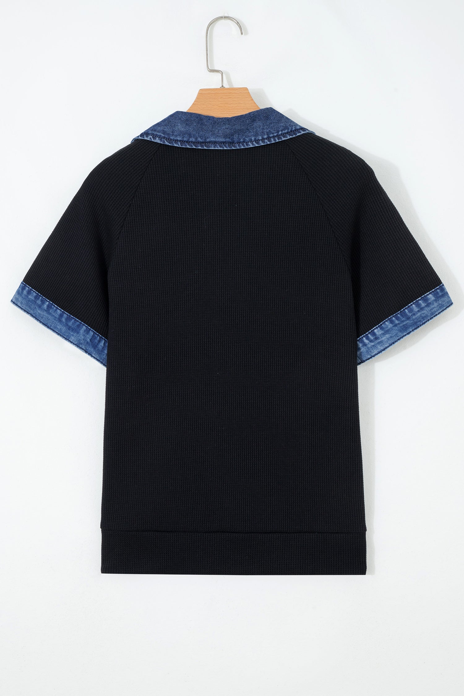 Knit Denim Contrast Trim Patchwork Button Polo Collar Top